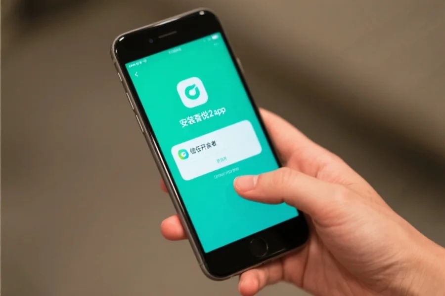 一只手正在iPhone上操作，屏幕显示安装杏悦2app的界面，包括“信任开发者”弹窗和应用图标